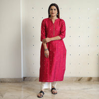 Dark Pink - Polka Zari Butta Spun Dupion Silk Long Straight Kurta 17