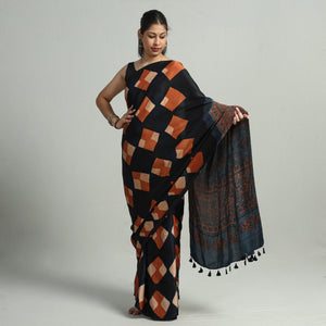 Black - Ajrakh Block Printed Clamp Dyed Modal Silk Saree with Tassels 21