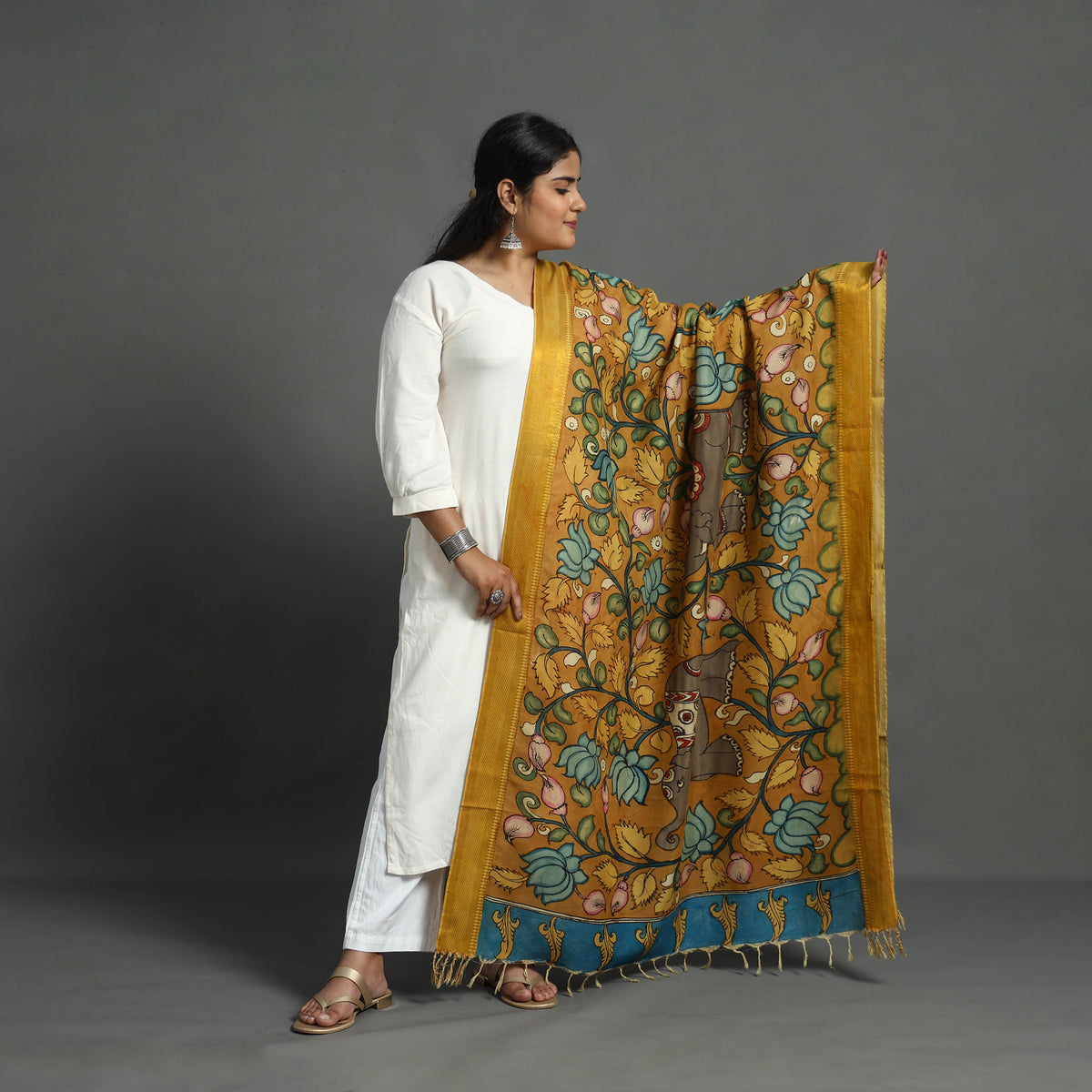 Yellow - Mangalagiri Silk Cotton Handpainted Kalamkari Dupatta 04