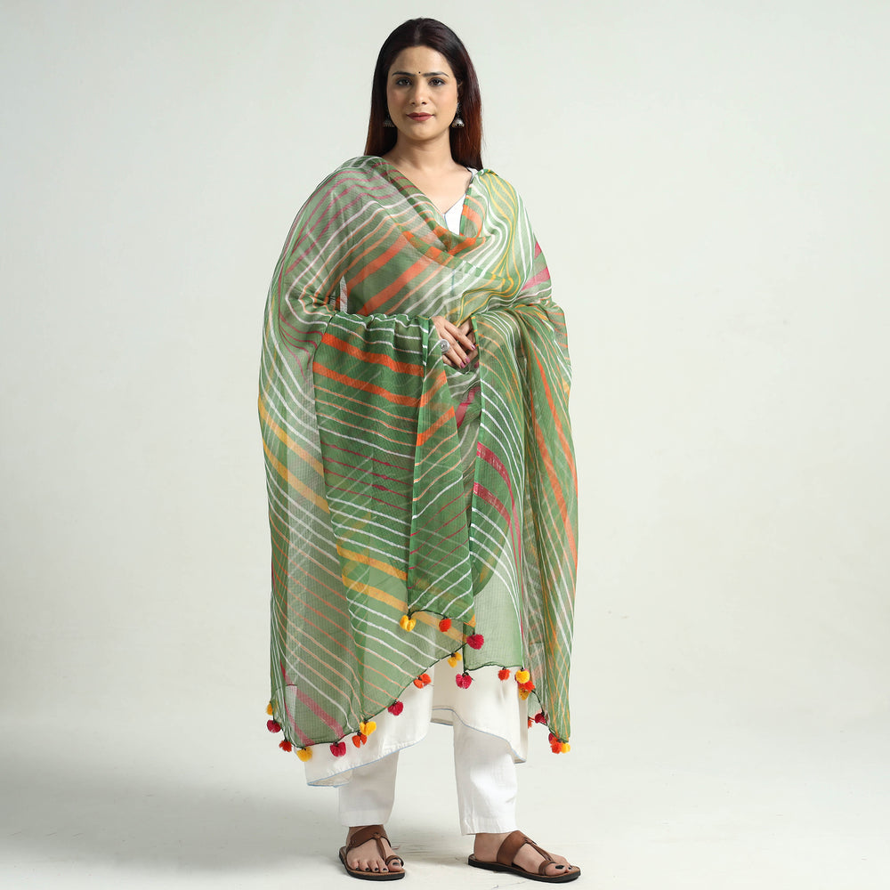 Green - Leheriya Tie-Dye Kota Doria Cotton Dupatta with Tassels 68