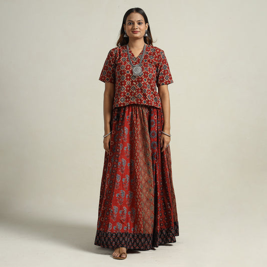 Ajrakh Block Printed 24 Kali Patchwork Cotton Long Skirt 60