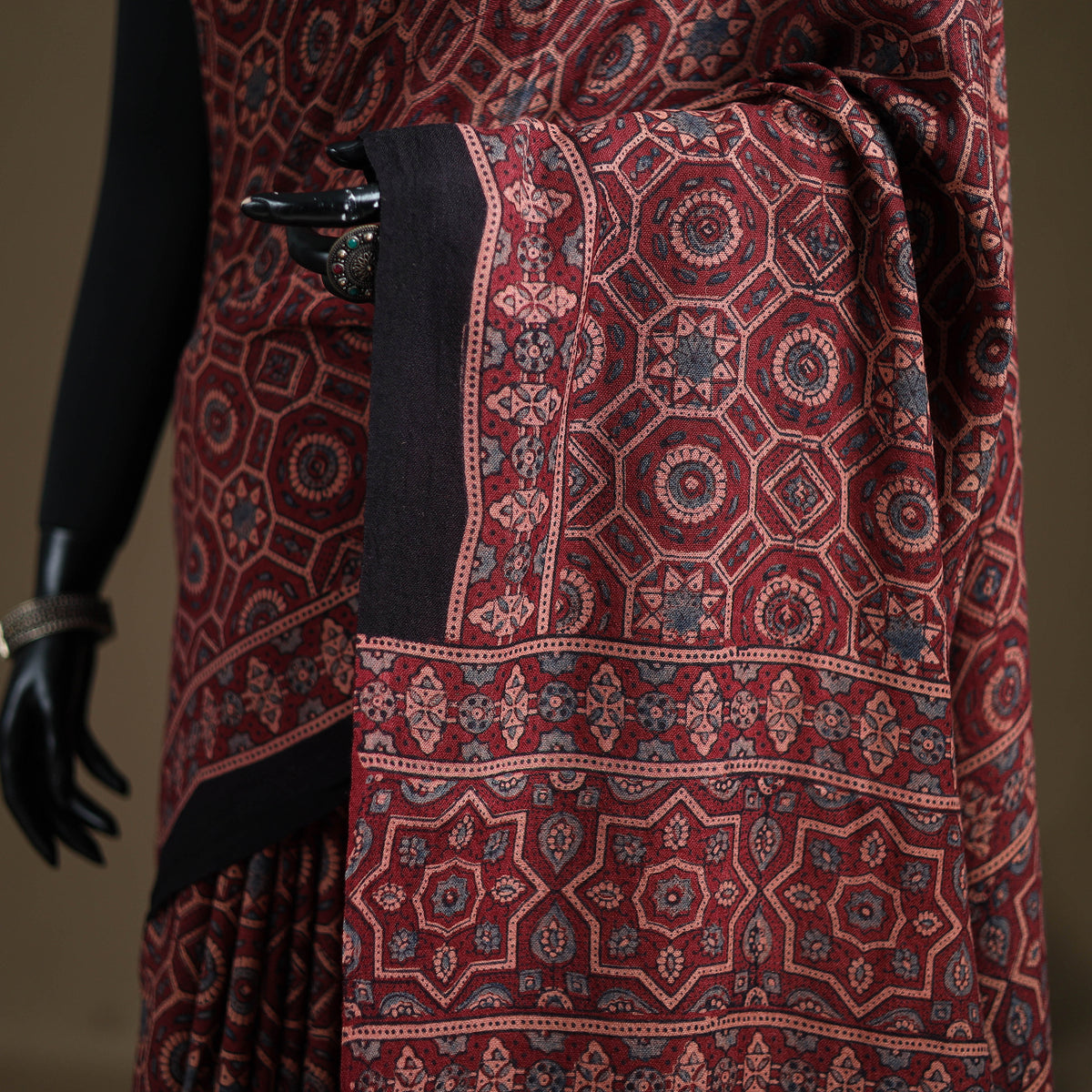 Handwoven Merino Wool Natural Dyed Hand Block Print Ajrakh Saree 11