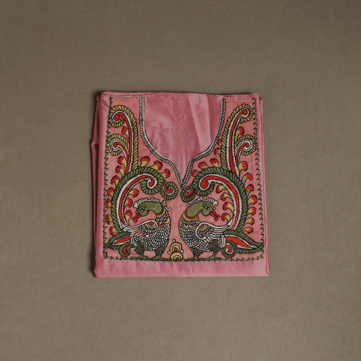 Pink - Handpainted Srikalahasti Handloom Chanderi Silk Unstitched Kurta (2.3M) 02