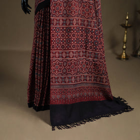 Handwoven Merino Wool Natural Dyed Hand Block Print Ajrakh Saree 11