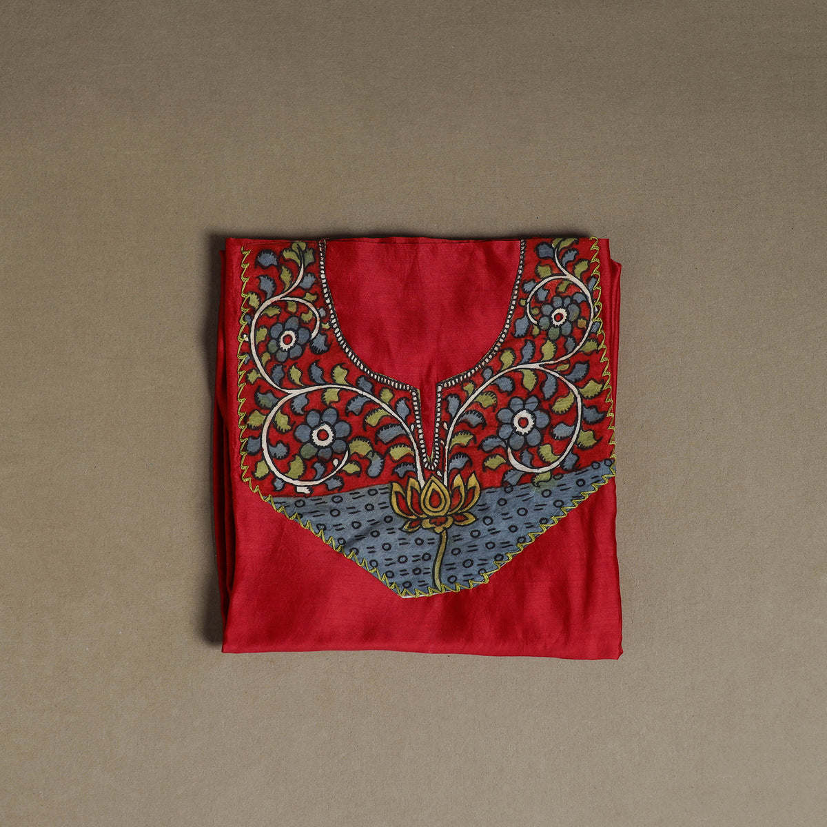 Red - Handpainted Srikalahasti Handloom Chanderi Silk Unstitched Kurta (2.3M) 01