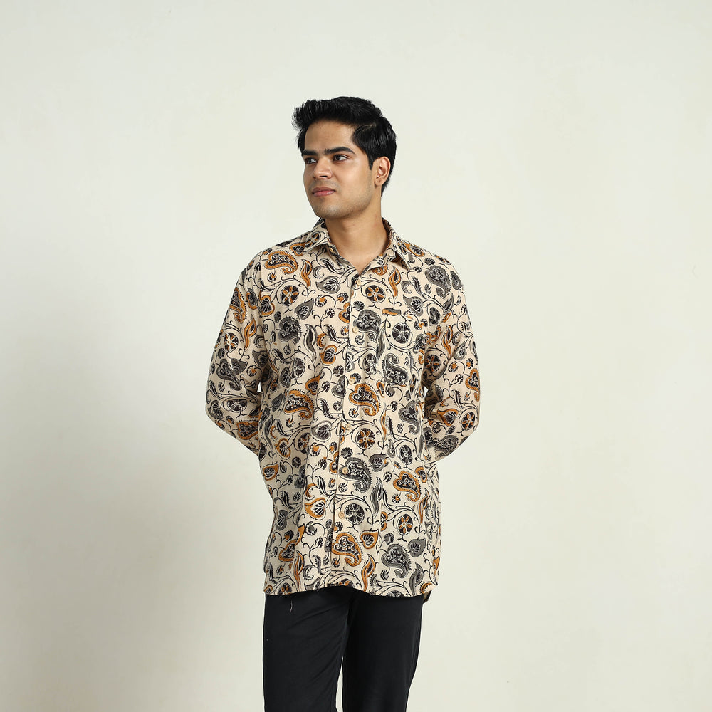 Beige - Pedana Block Print Cotton Men Kalamkari Shirt 06