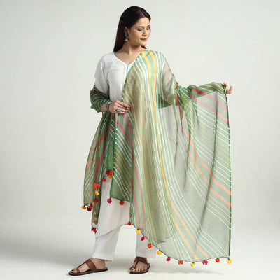 Green - Leheriya Tie-Dye Kota Doria Cotton Dupatta with Tassels 68