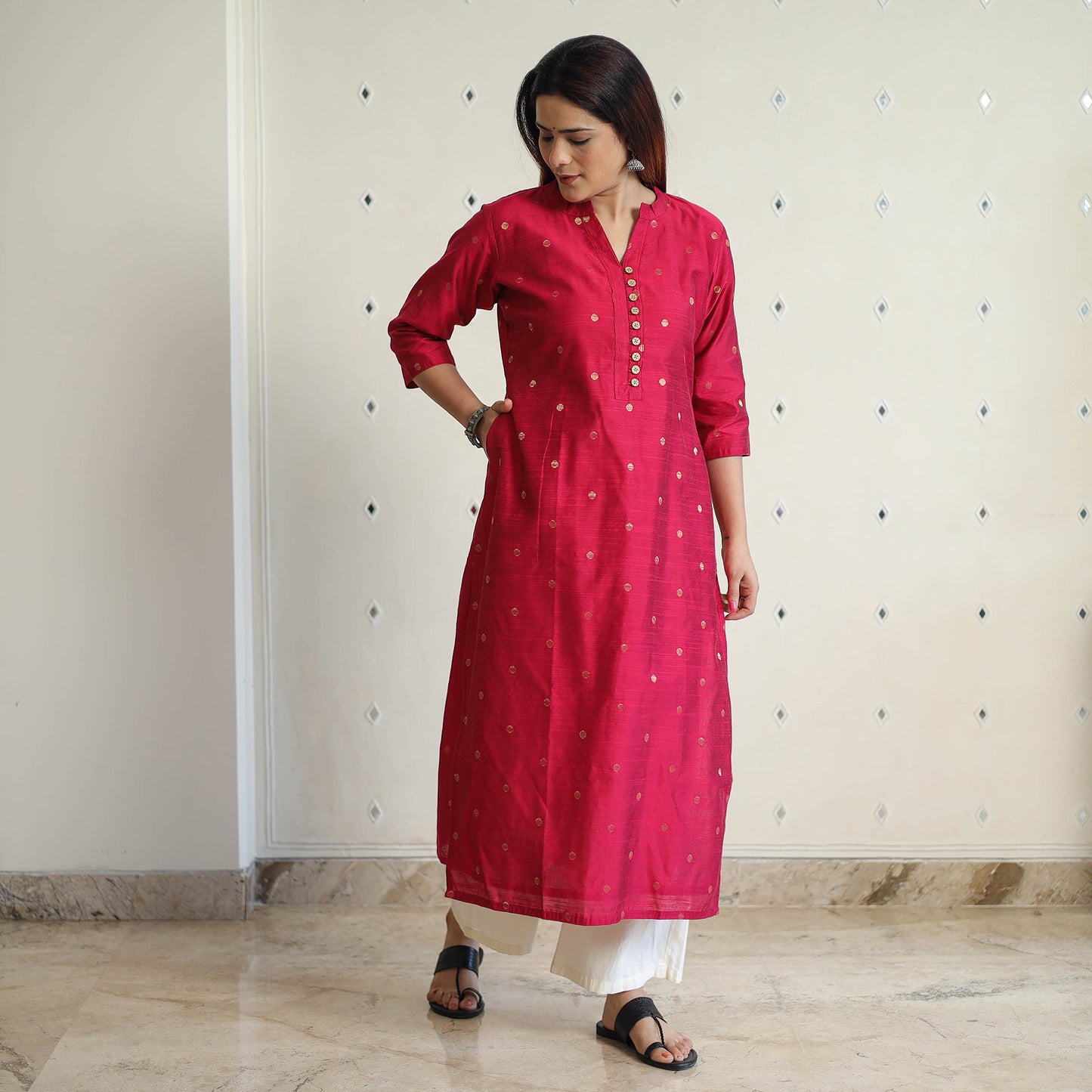 Dark Pink - Polka Zari Butta Spun Dupion Silk Long Straight Kurta 17