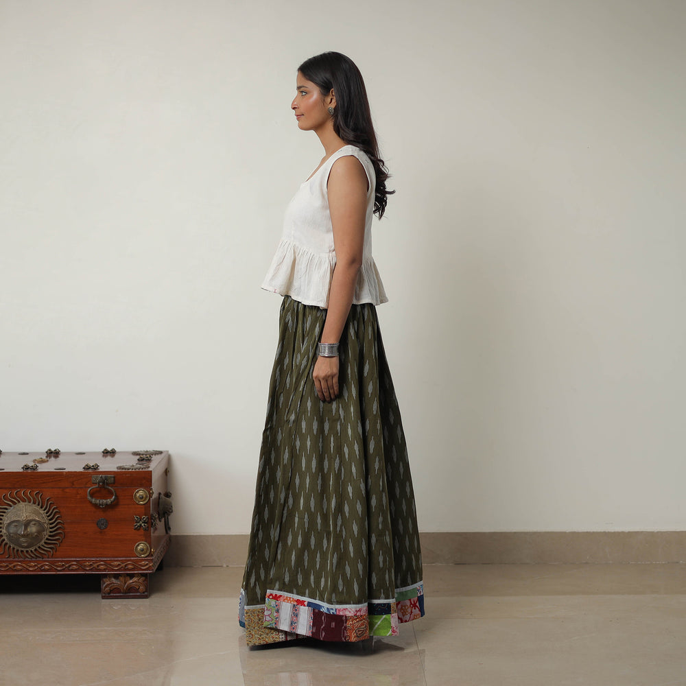 Green - 24 Kali Cotton Pochampally Ikat Skirt with Border 09