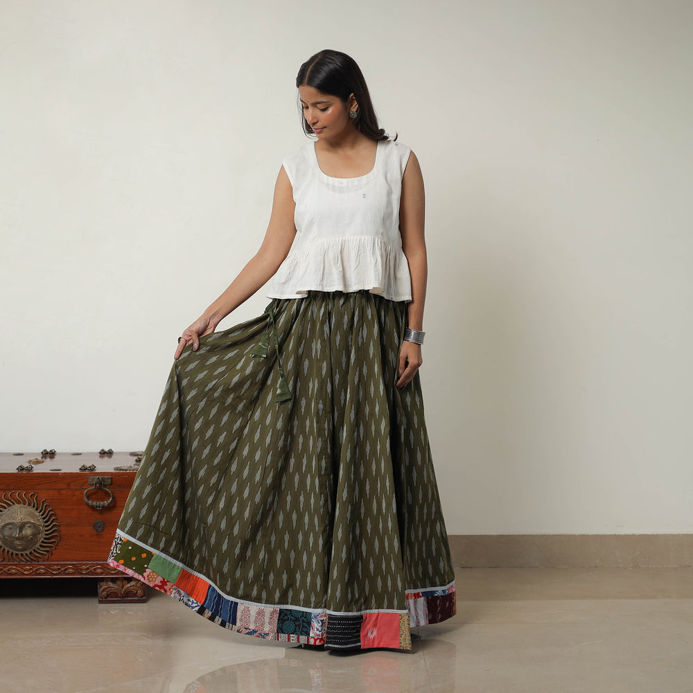 Green - 24 Kali Cotton Pochampally Ikat Skirt with Border 09