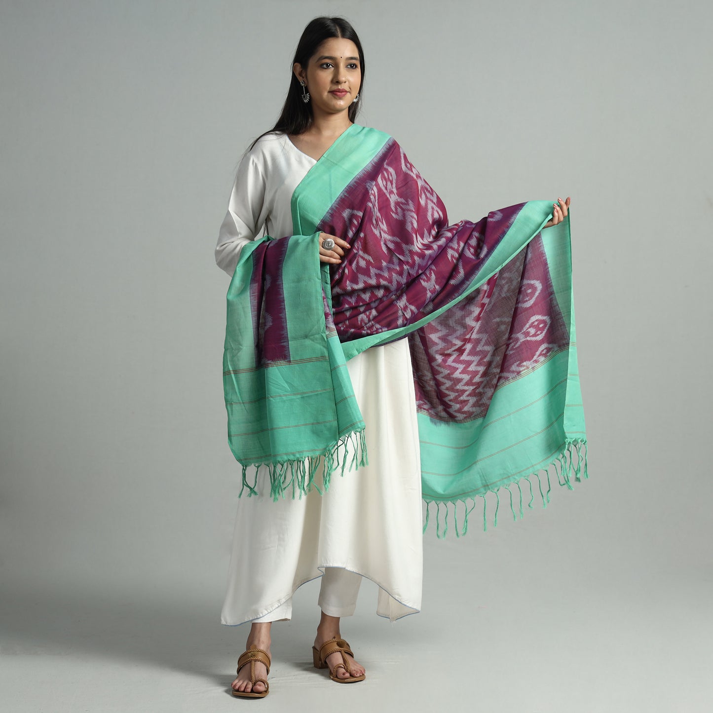 Purple - Pochampally Ikat Handloom Cotton Dupatta with Tassels 25