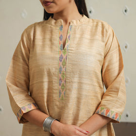 Beige Bhagalpuri Handwoven Desi Tussar Silk Plain Kurta for Women