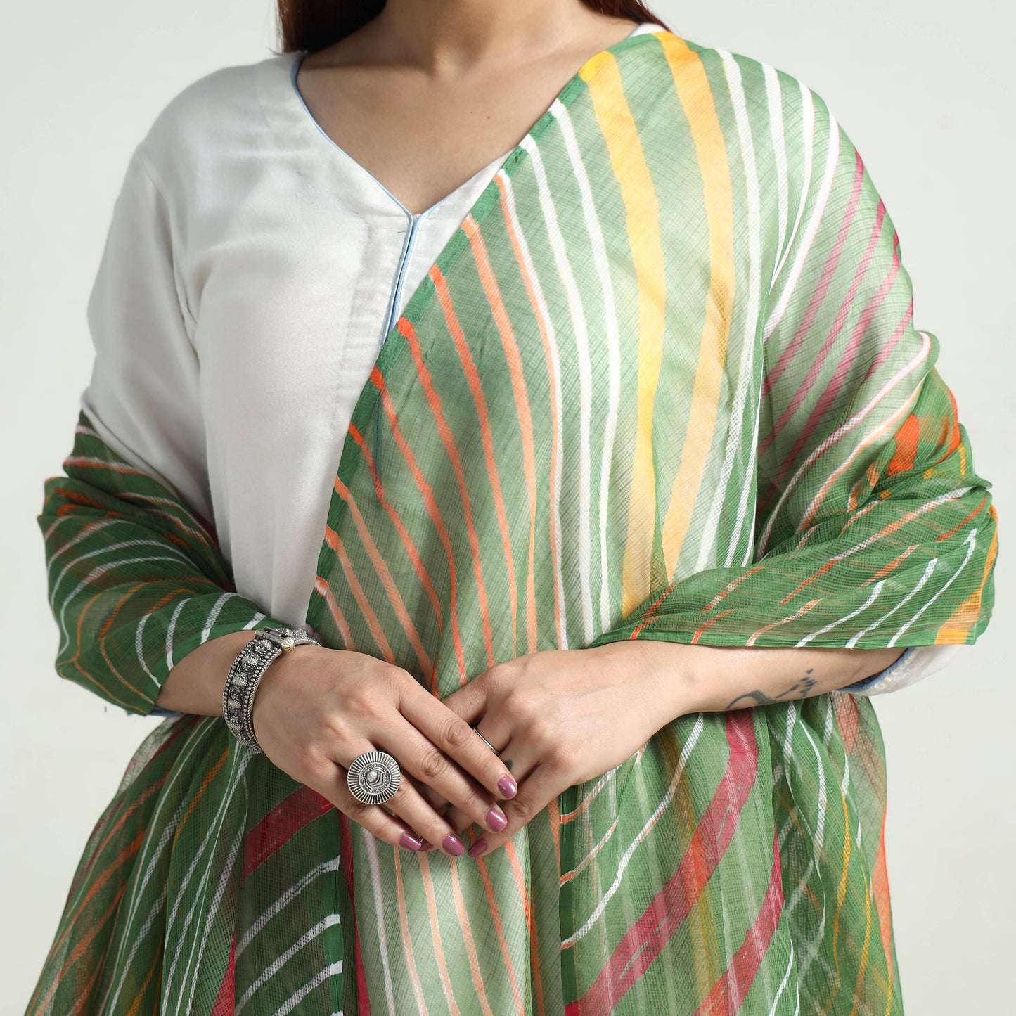 Green - Leheriya Tie-Dye Kota Doria Cotton Dupatta with Tassels 68