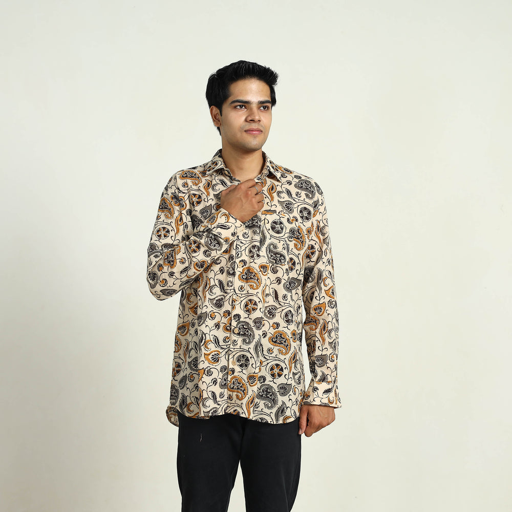 Beige - Pedana Block Print Cotton Men Kalamkari Shirt 06