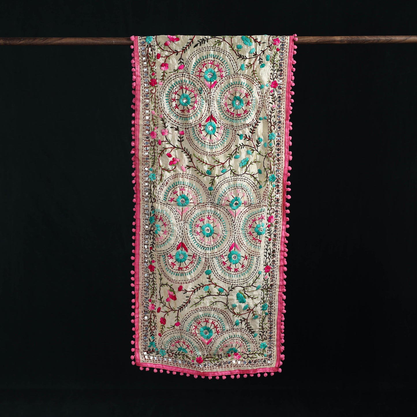 Ranihati Chanderi Silk Hand Embroidered Stole with Pom Pom 293