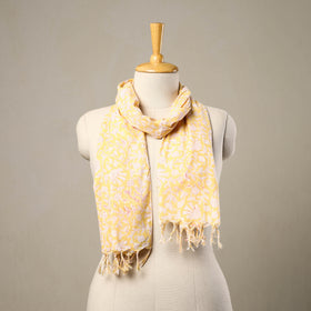 Buy Block Print Cotton Yellow Sanganeri Stole with Tassels
