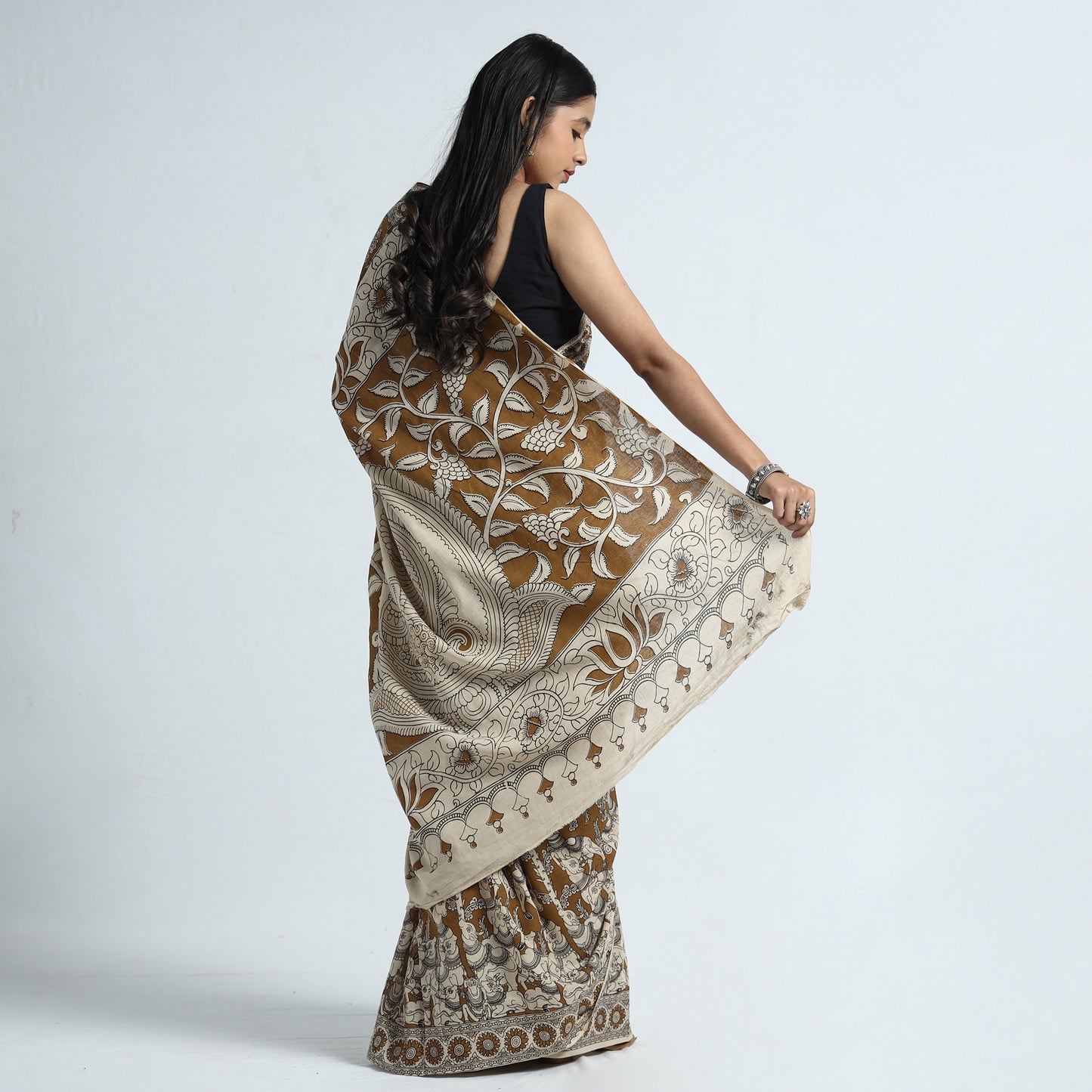Brown - Nellore Kalamkari Printed Cotton Saree with Blouse Piece 21