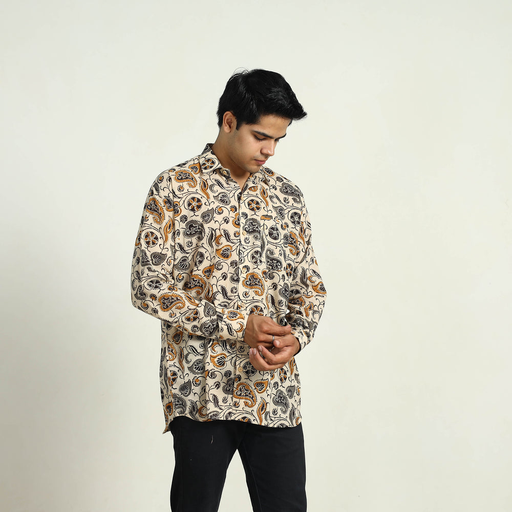 Beige - Pedana Block Print Cotton Men Kalamkari Shirt 06