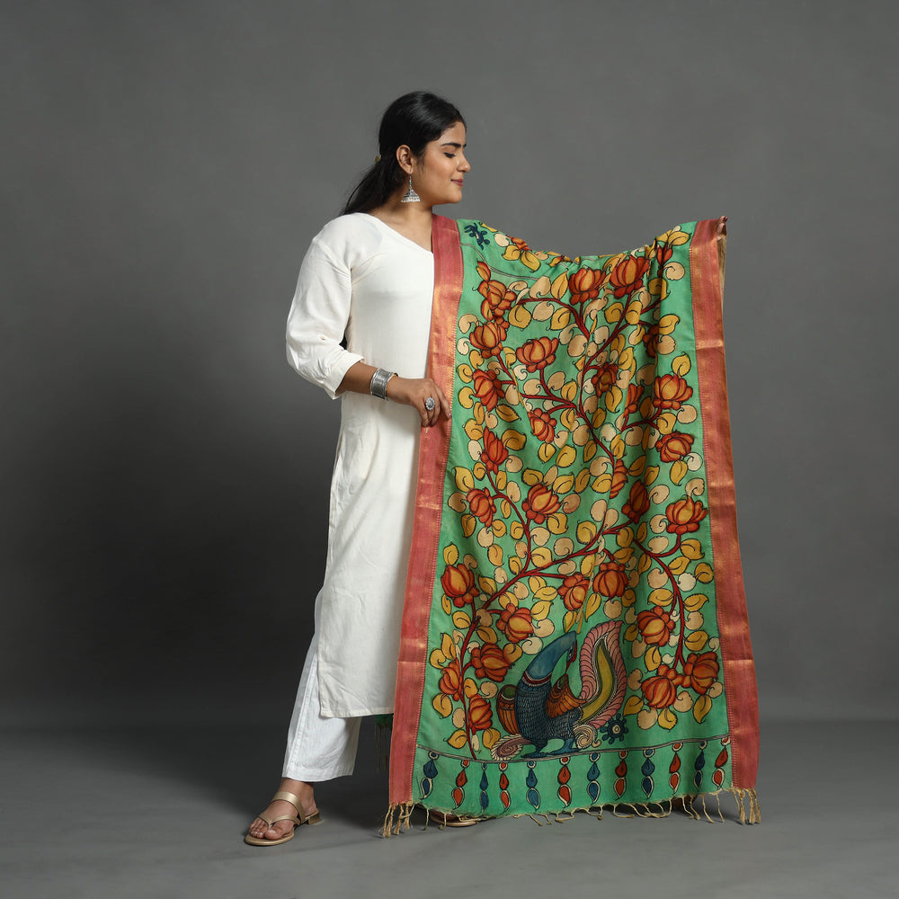 Green - Mangalagiri Silk Cotton Handpainted Kalamkari Dupatta 05