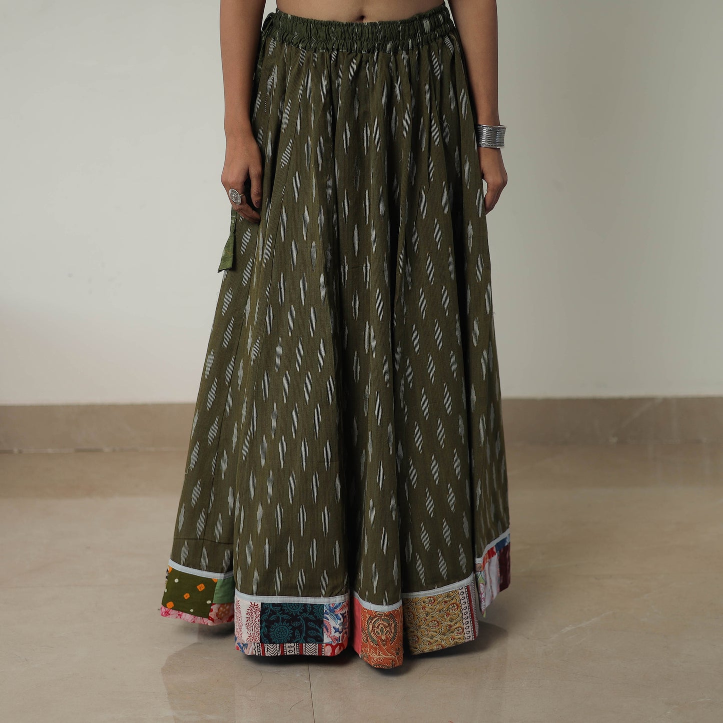 Green - 24 Kali Cotton Pochampally Ikat Skirt with Border 09