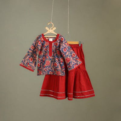 Girls Gota Work Floral Block Print Cotton Kurta with Sharara Set (3-4 Years) 10