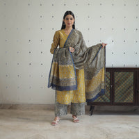 Yellow - Hand Block Bagru Print Chanderi Silk Kurta Set 01