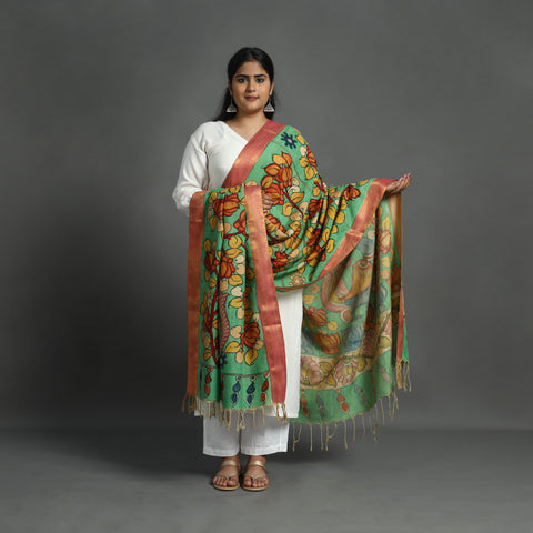 Green - Mangalagiri Silk Cotton Handpainted Kalamkari Dupatta 05