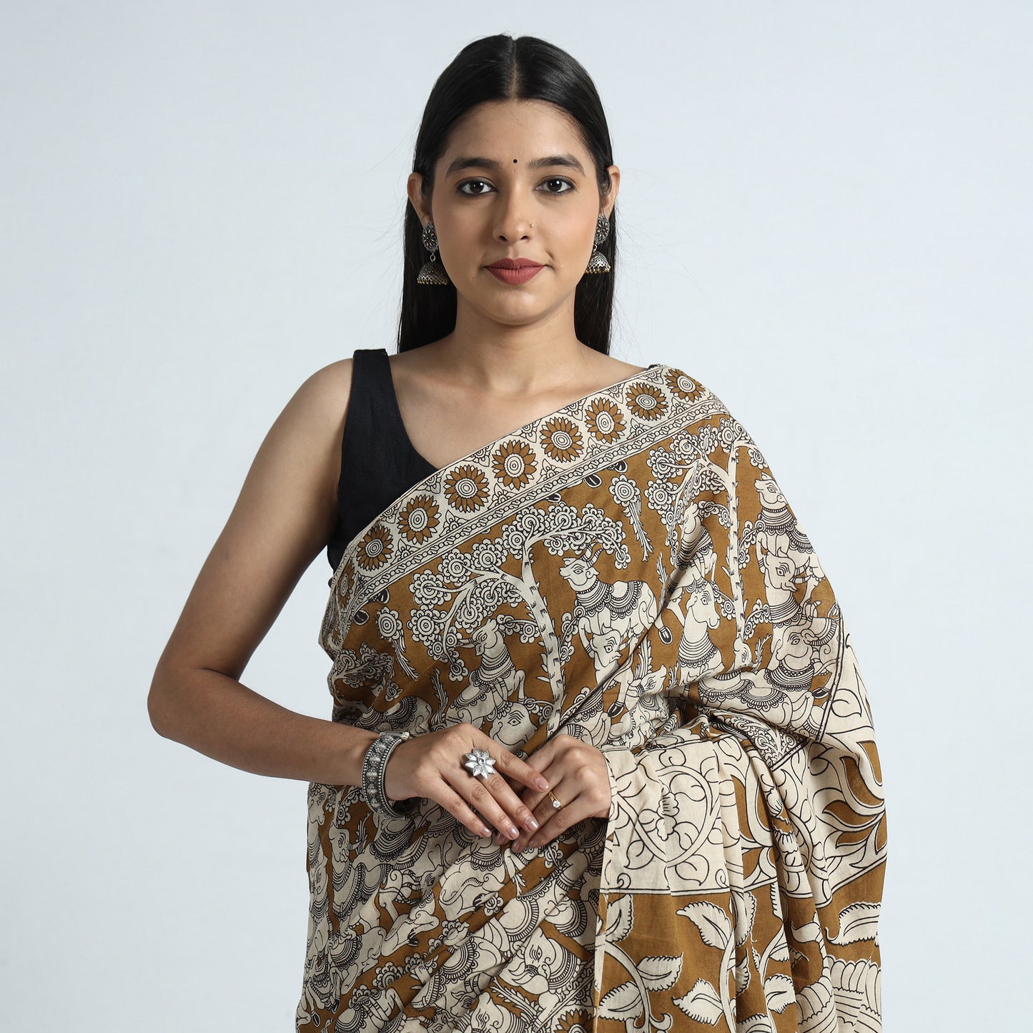 Brown - Nellore Kalamkari Printed Cotton Saree with Blouse Piece 21