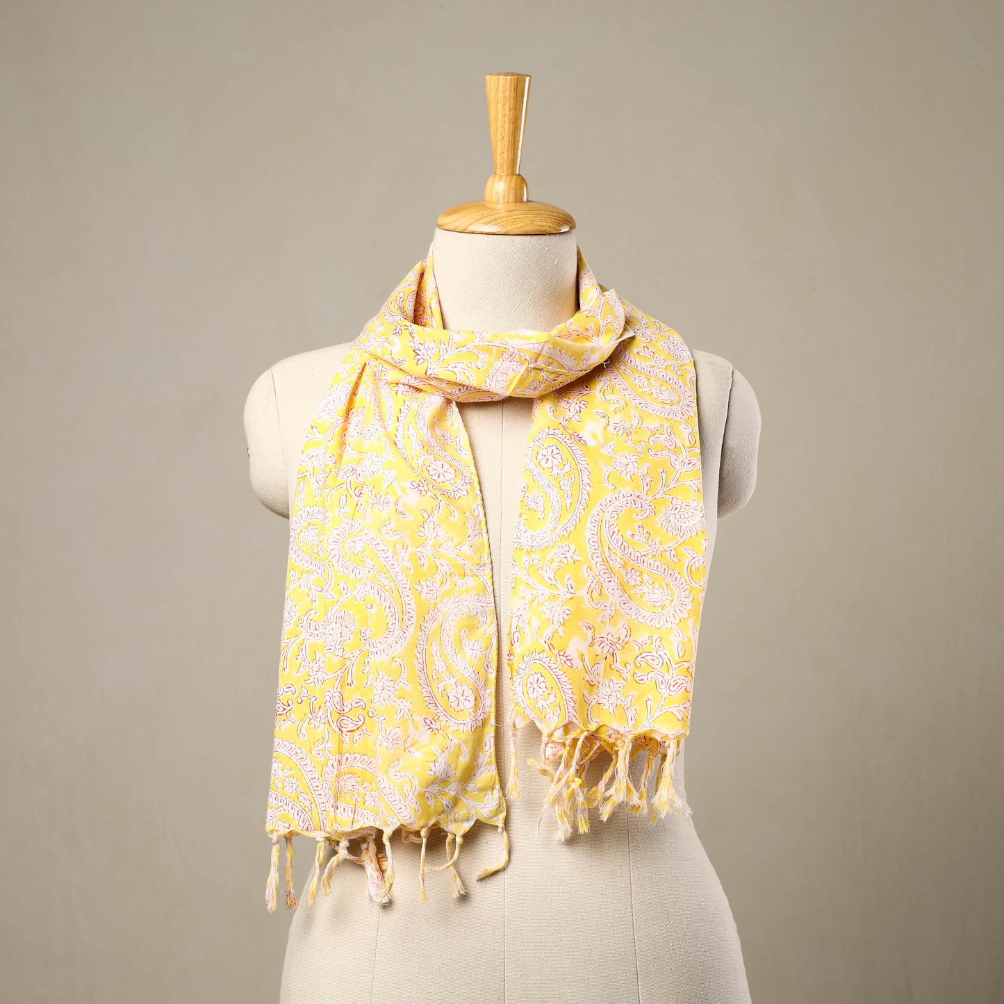 Yellow - cotton sanganeri stole with tassels 123