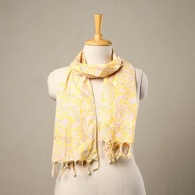 Yellow - cotton sanganeri stole with tassels 123
