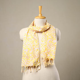 Yellow - cotton sanganeri stole with tassels 123