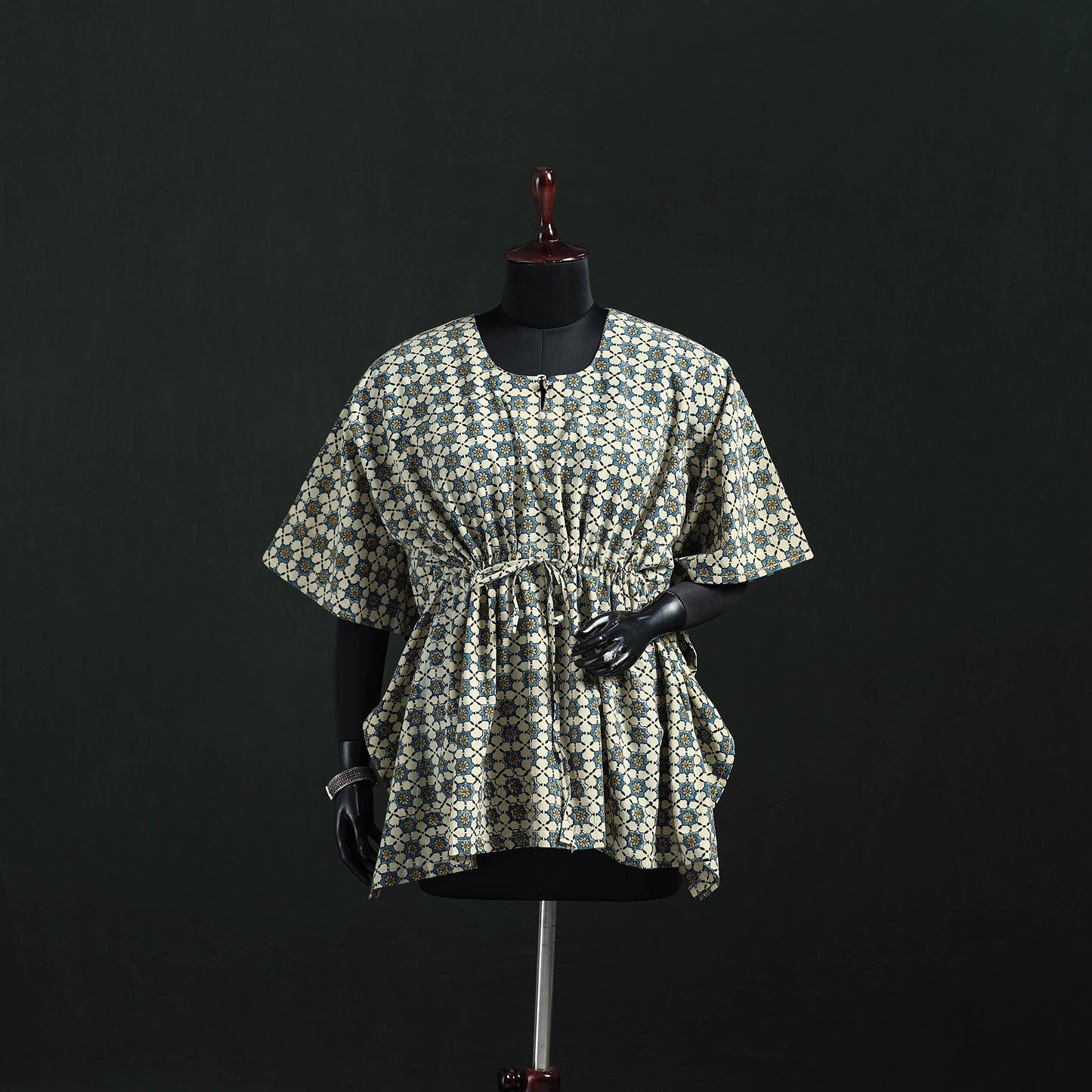 Green - Ajrakh Hand Block Print Natural Dyed Cotton Kaftan (Short) 47