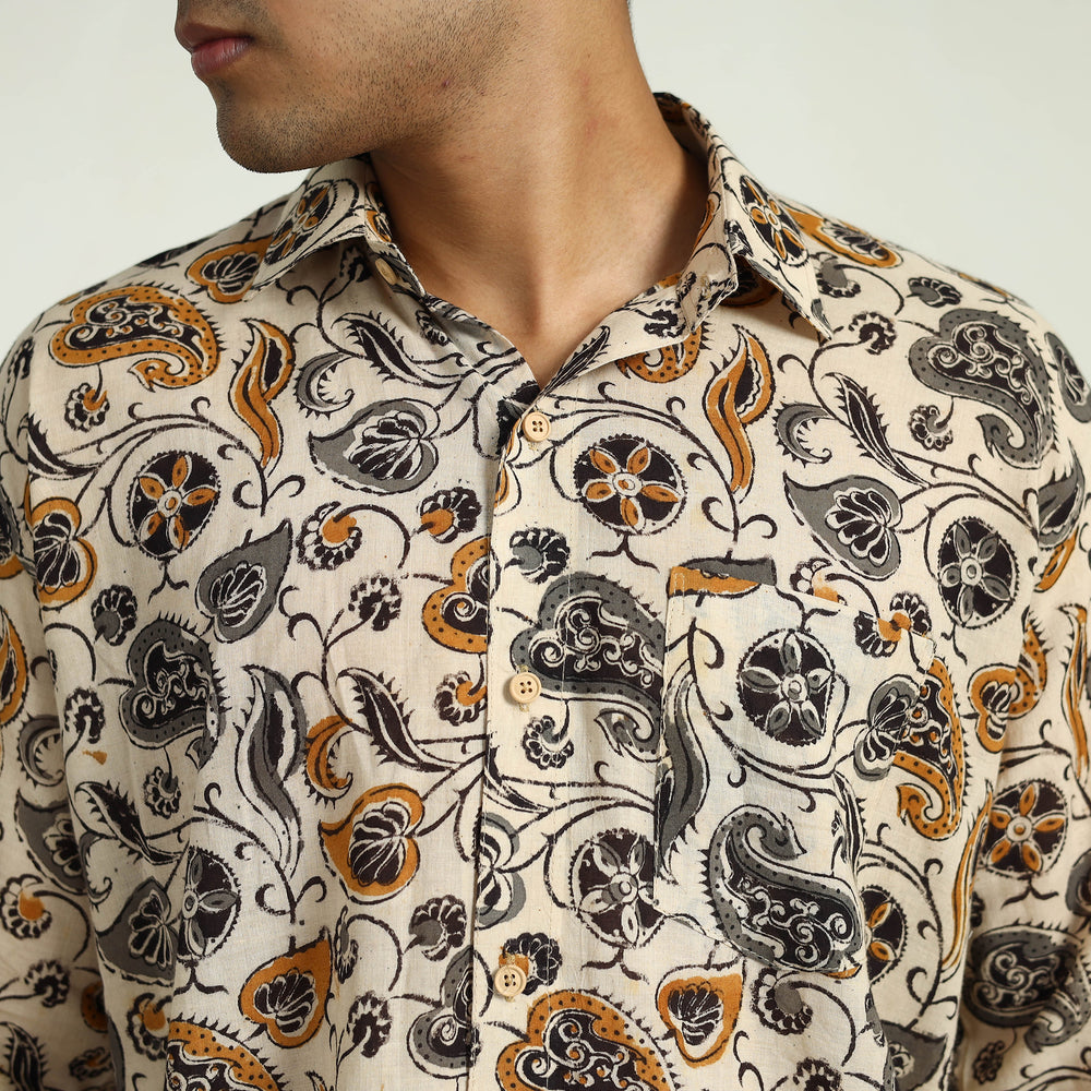 Beige - Pedana Block Print Cotton Men Kalamkari Shirt 06