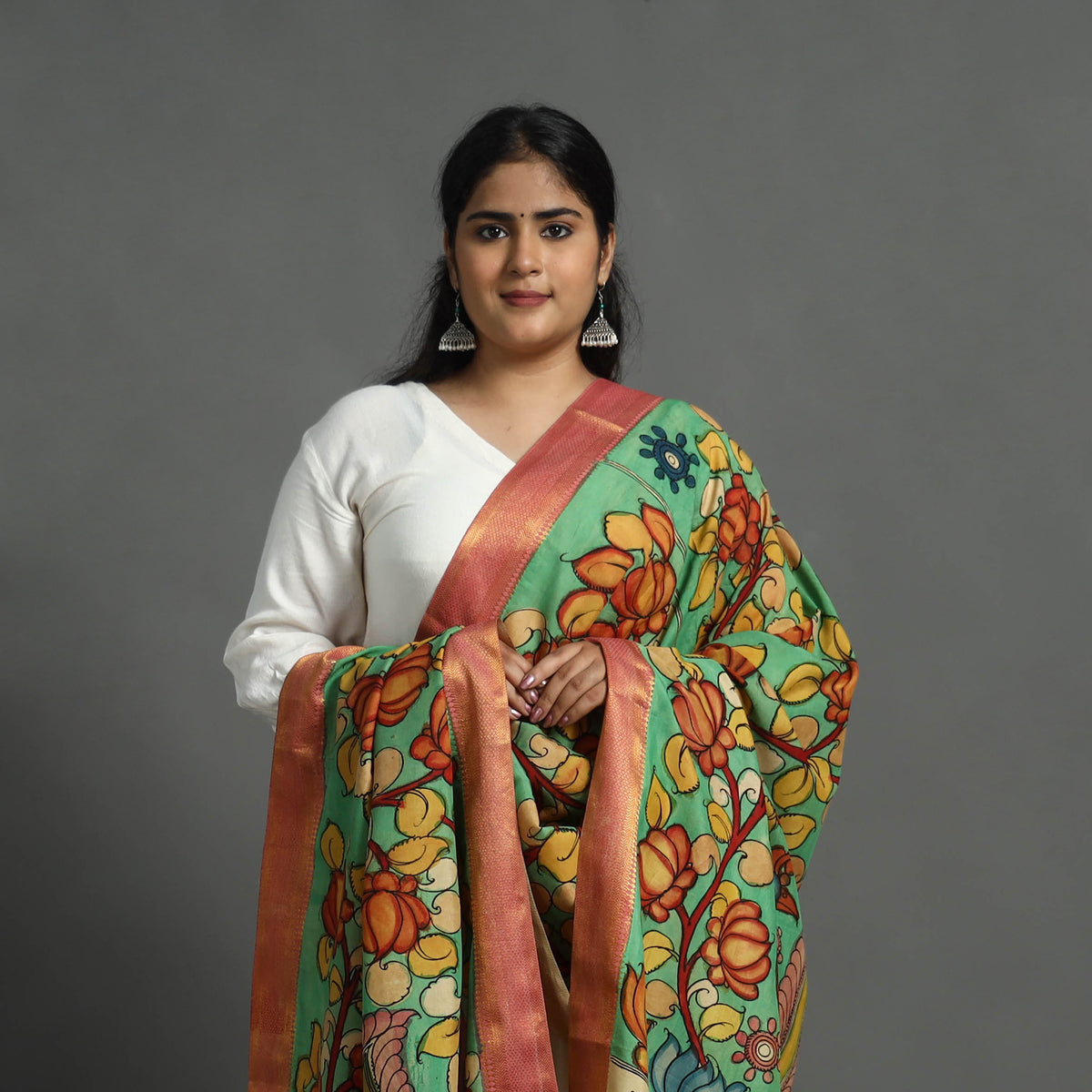 Green - Mangalagiri Silk Cotton Handpainted Kalamkari Dupatta 05