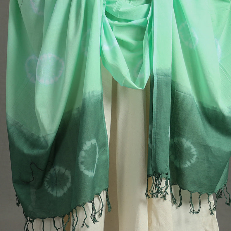 Green - Shibori Tie-Dye Cotton Dupatta with Tassels 84