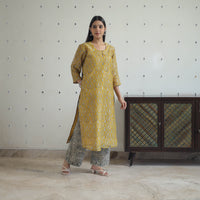 Yellow - Hand Block Bagru Print Chanderi Silk Kurta Set 01