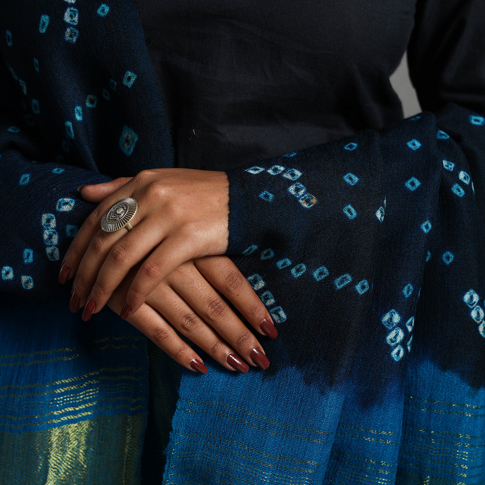 Blue - Kutch Zari Work Handwoven Bandhani Woolen Shawl 25