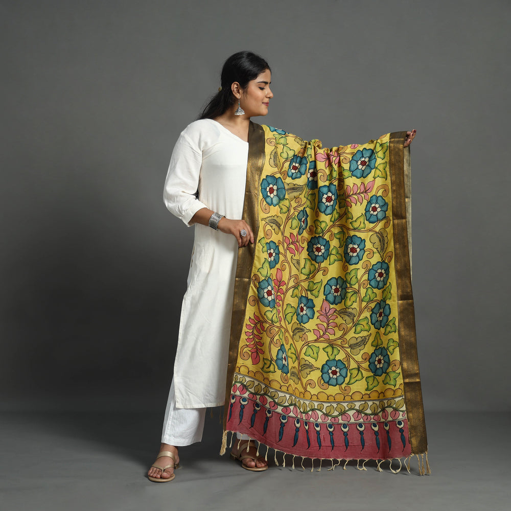 Yellow - Mangalagiri Silk Cotton Handpainted Kalamkari Dupatta 06