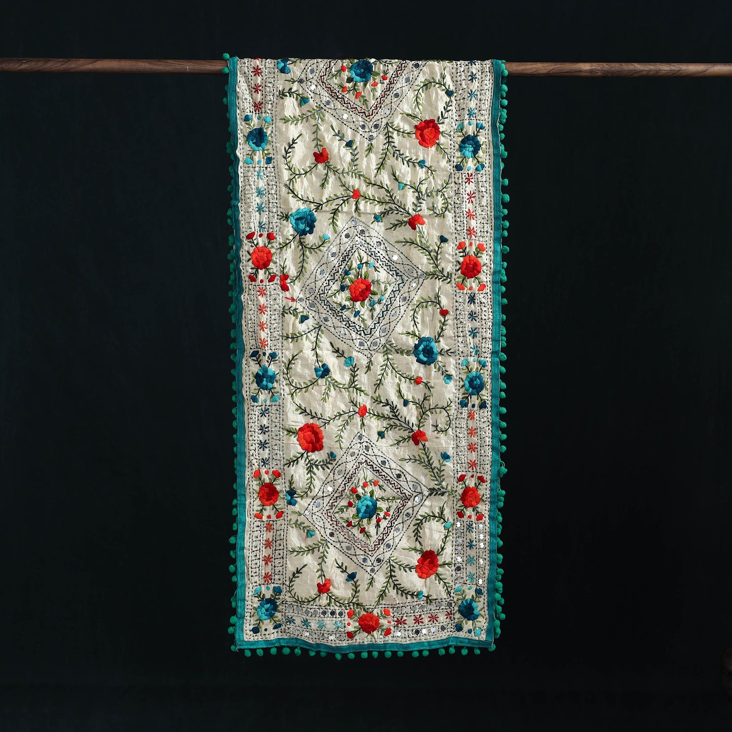 Ranihati Chanderi Silk Hand Embroidered Stole with Pom Pom 289