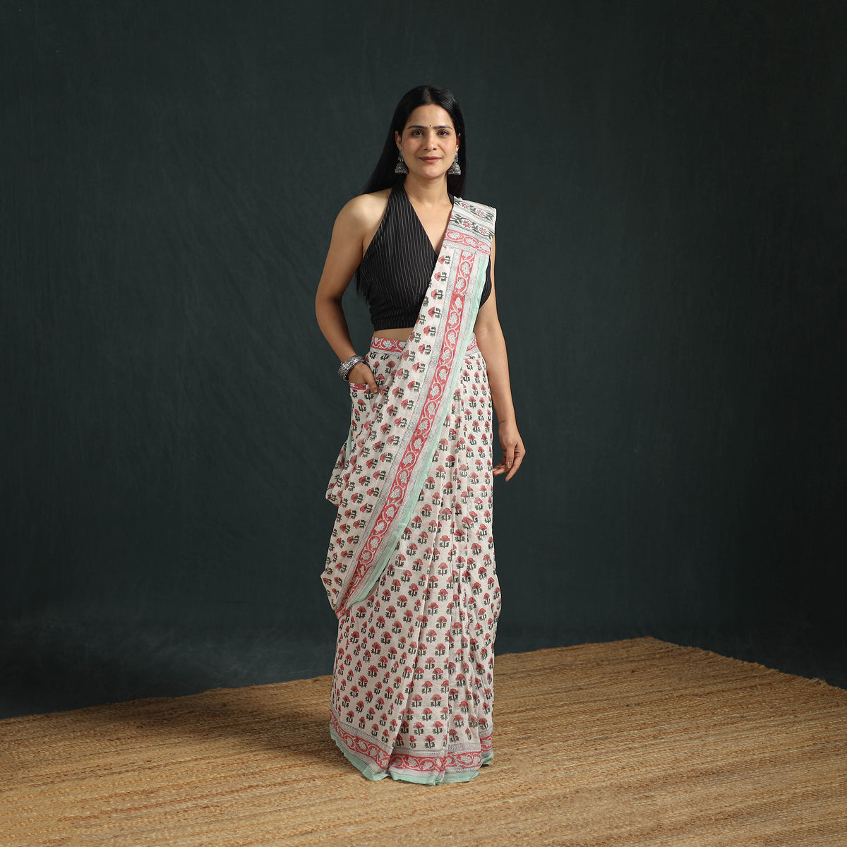 Sanganeri Hand Block Print Pure Mul Cotton Ready To Wear Saree 10