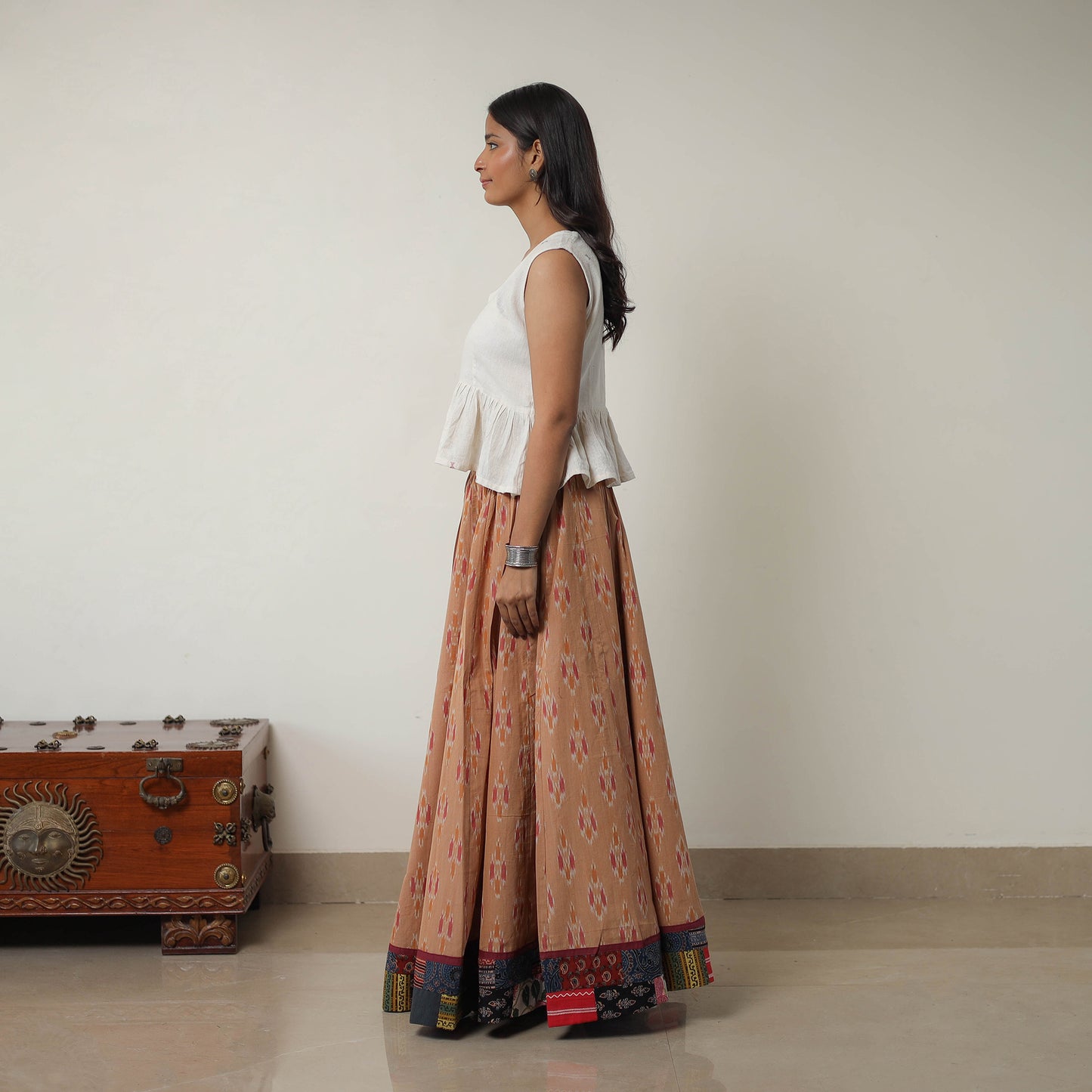 Brown - 24 Kali Cotton Pochampally Ikat Skirt with Border 10