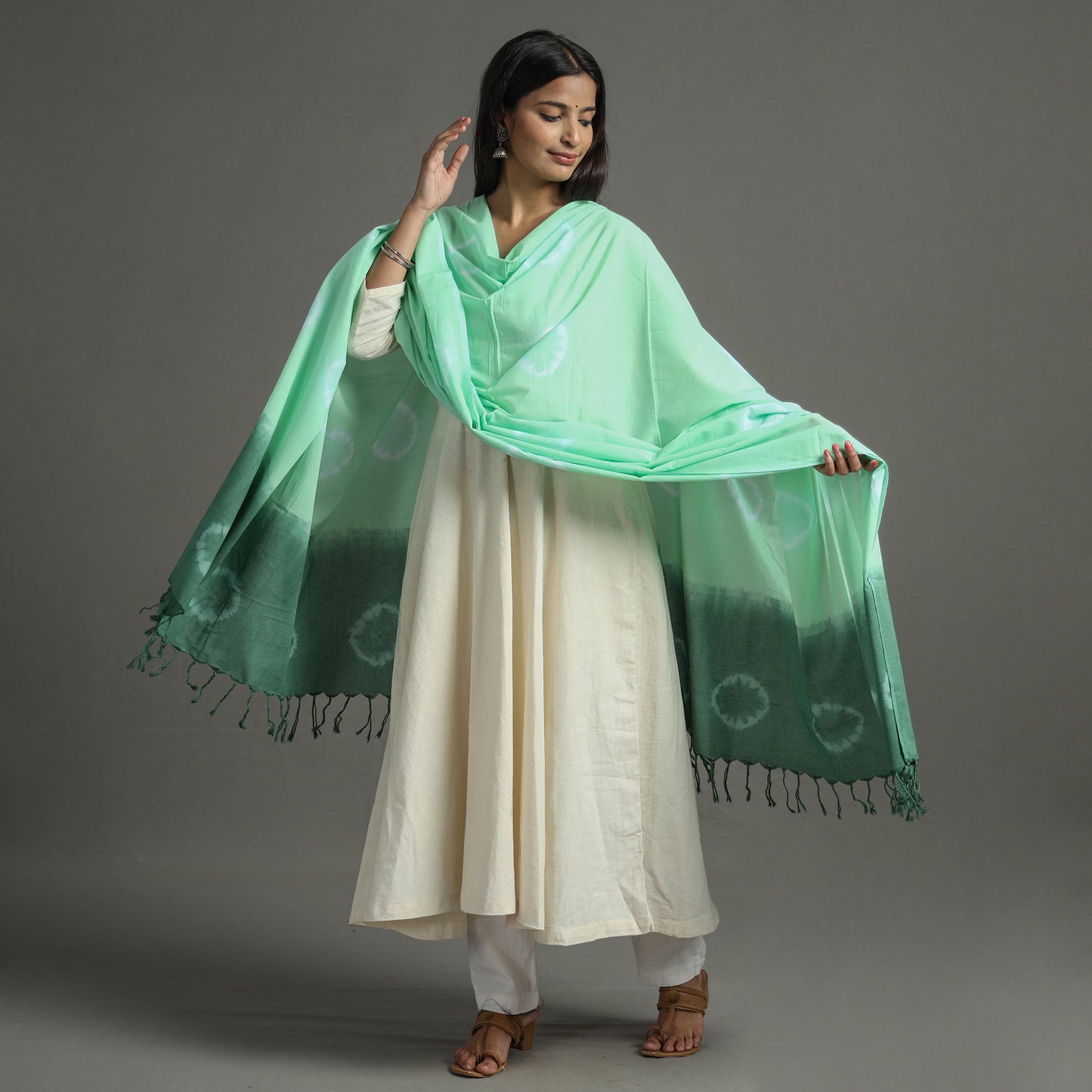 Green - Shibori Tie-Dye Cotton Dupatta with Tassels 84