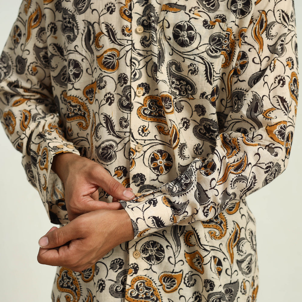 Beige - Pedana Block Print Cotton Men Kalamkari Shirt 06