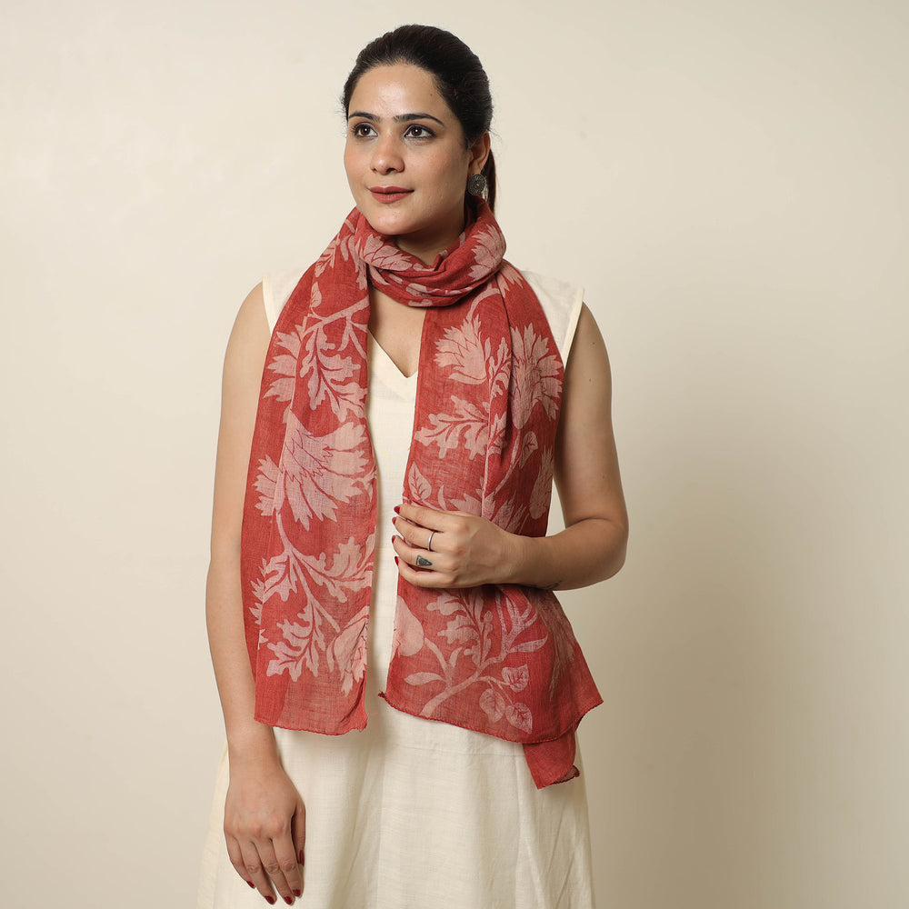 Maroon - Bindaas Block Printed Natural Dyed Linen Handloom Stole 01