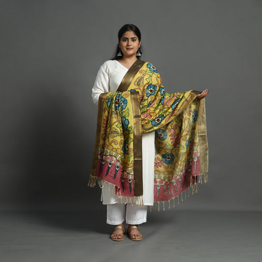 Yellow - Mangalagiri Silk Cotton Handpainted Kalamkari Dupatta 06