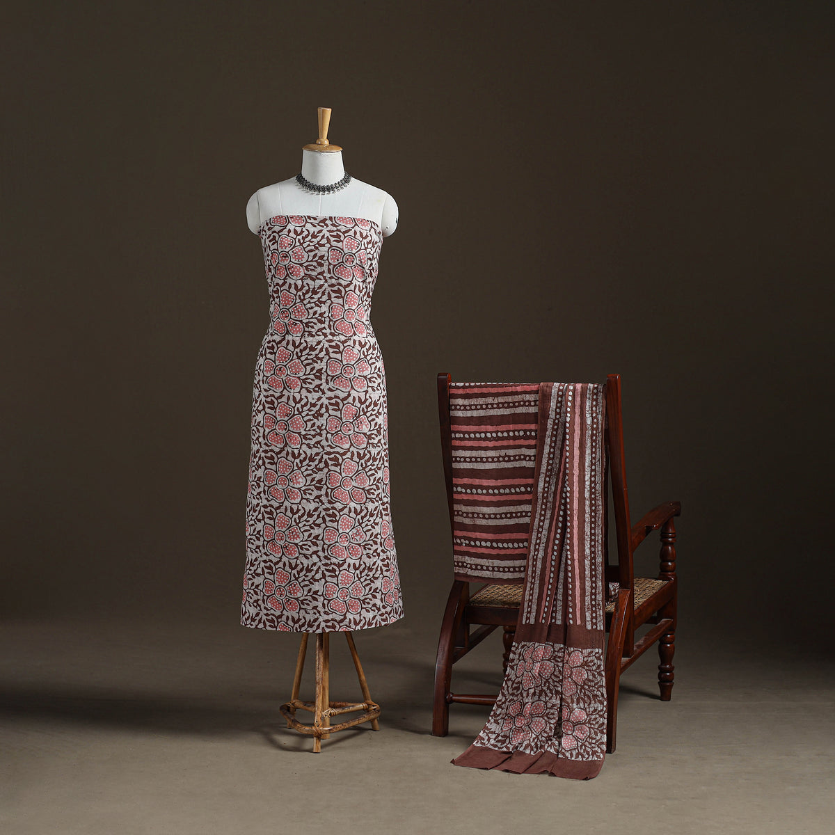 Kutch Hand Batik Print Cotton Unstitched Dress Material: Kurta, Bottom & Dupatta 01