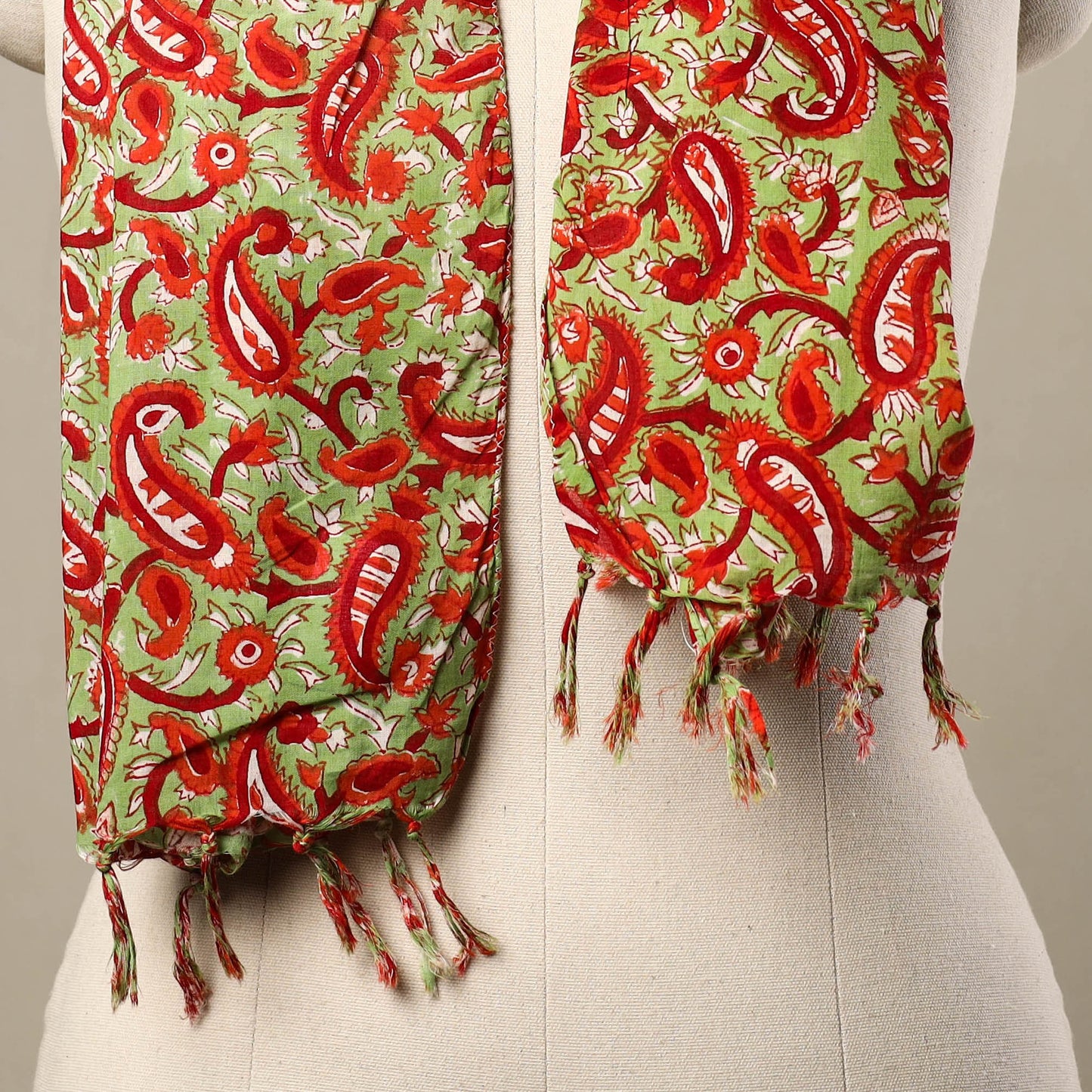 Buy Green Block Print Cotton Sanganeri Stole with Tassels