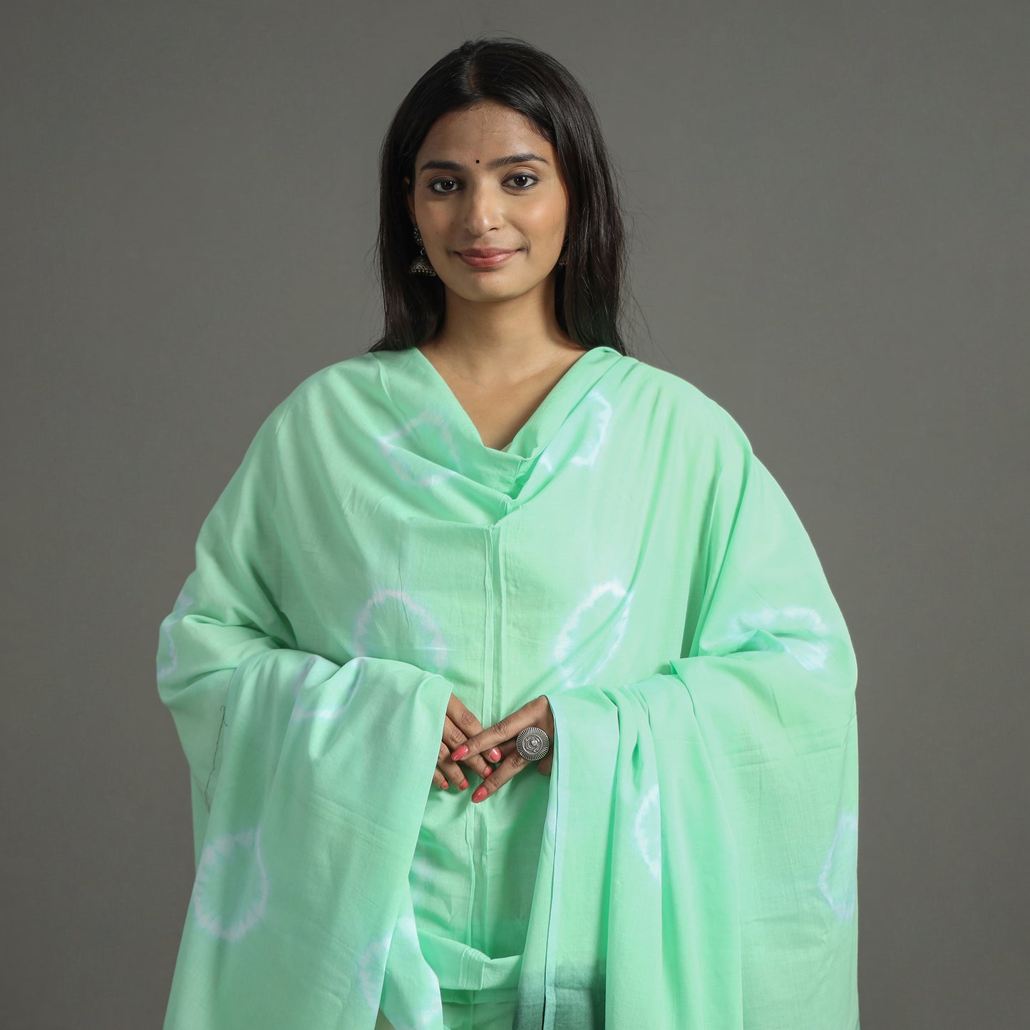 Green - Shibori Tie-Dye Cotton Dupatta with Tassels 84