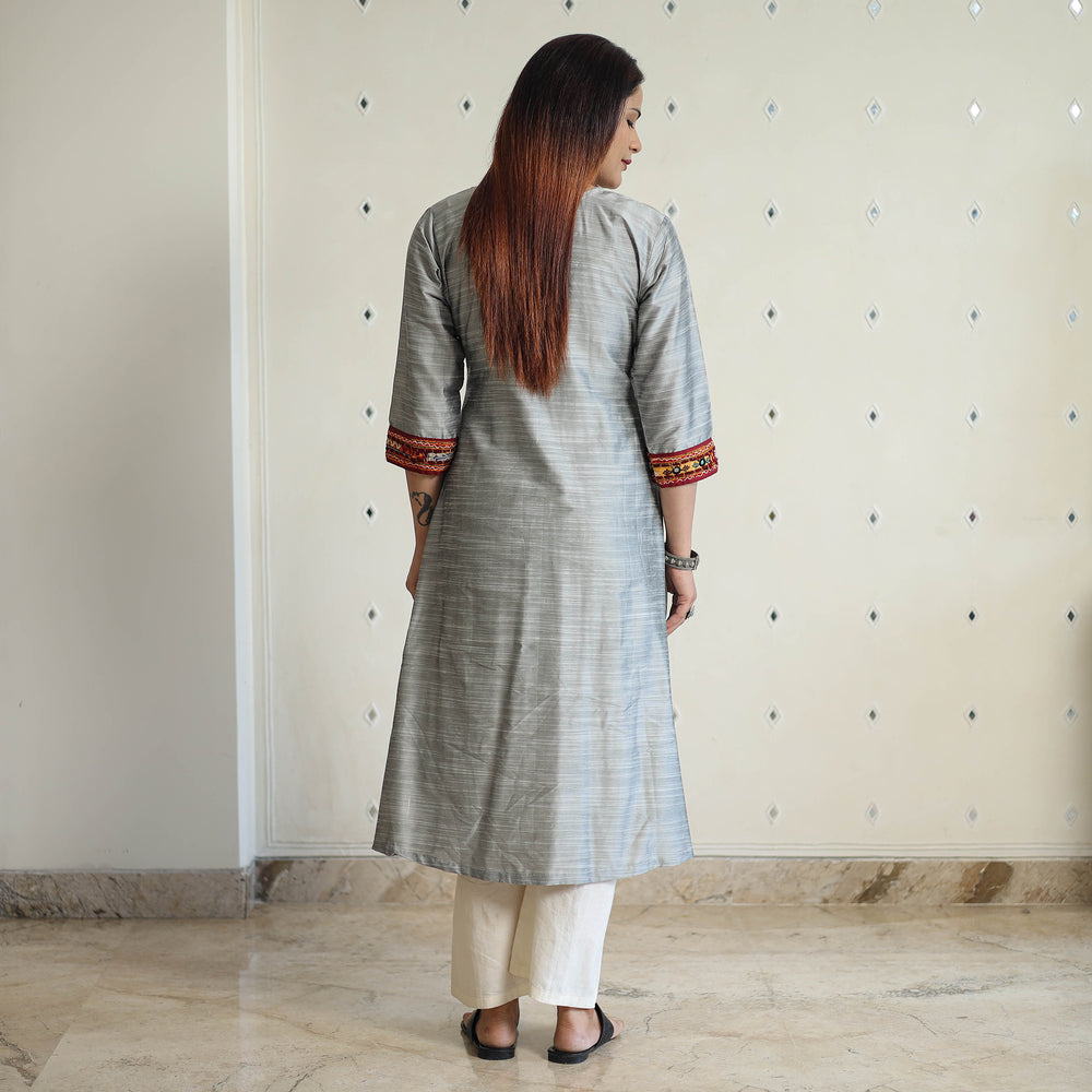 Grey - Plain Slub Silk Long A-Line Kurta with Ikat Patchwork 18