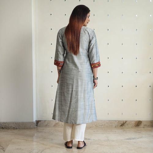 Grey - Plain Slub Silk Long A-Line Kurta with Ikat Patchwork 18